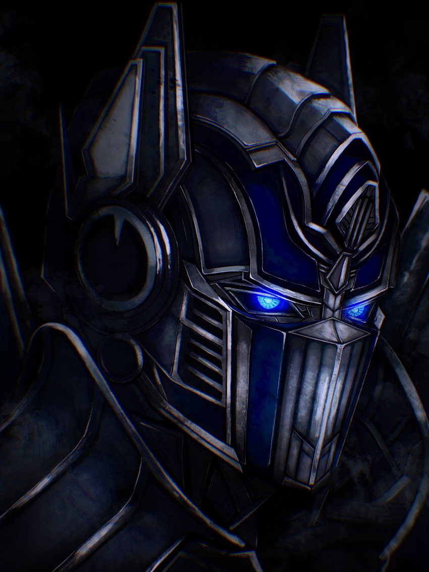 absurdres autobot black_background glowing glowing_eyes highres looking_ahead mecha nakai111 no_humans optimus_prime portrait robot science_fiction transformers transformers:_the_last_knight transformers_(live_action)