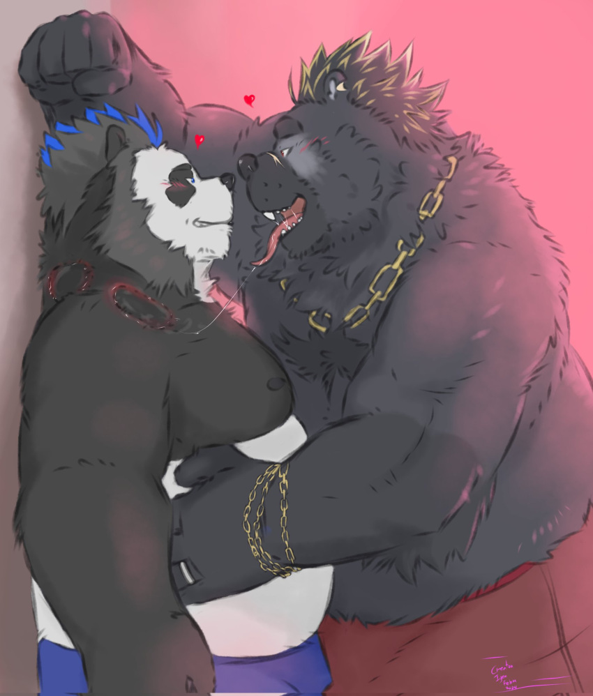 &lt;3 2024 anthro bear belly black_body black_nose blush clothing crentonigen duo embrace giant_panda hi_res hug male male/male mammal moobs overweight overweight_male underwear white_body