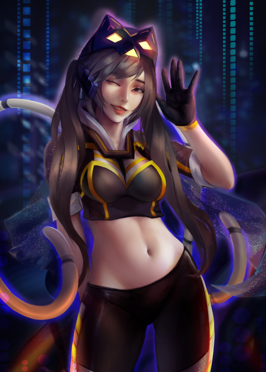 1girl absurdres breasts cat_mask cowboy_shot crop_top duel_monster fake_tail gloves grey_eyes grey_hair grin hand_up highres i:p_masquerena lips long_hair looking_at_viewer mask midriff navel one_eye_closed renx_art small_breasts smile solo tail twintails very_long_hair yu-gi-oh!