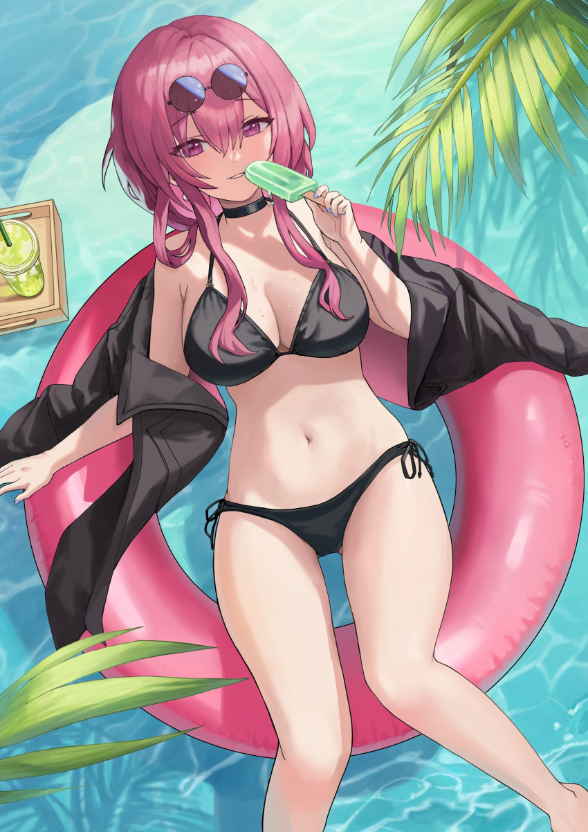 1girl absurdres bikini black_bikini black_choker breasts choker cleavage cup drinking_straw eyewear_on_head food hae_zu highres holding holding_food holding_popsicle honkai:_star_rail honkai_(series) jacket kafka_(honkai:_star_rail) large_breasts lifebuoy long_hair long_sleeves looking_at_viewer navel open_clothes open_jacket palm_leaf parted_lips popsicle purple_eyes purple_hair round_eyewear sidelocks smile solo sunglasses swim_ring swimsuit water white_jacket