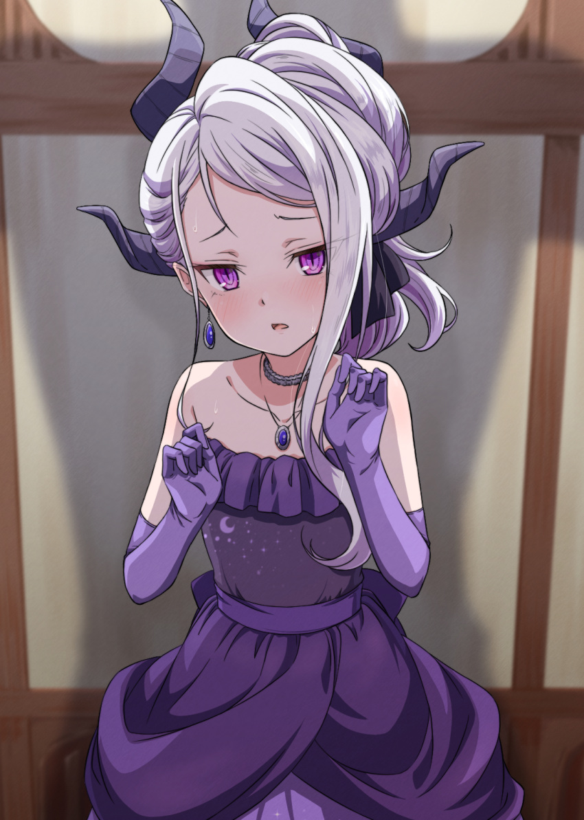 1girl black_horns blue_archive blush demon_horns dress elbow_gloves gloves highres hina_(blue_archive) hina_(dress)_(blue_archive) horns jewelry long_hair looking_at_viewer multiple_horns necklace official_alternate_costume official_alternate_hairstyle parted_lips pendant purple_dress purple_eyes purple_gloves sekishoku_manboo solo strapless strapless_dress white_hair