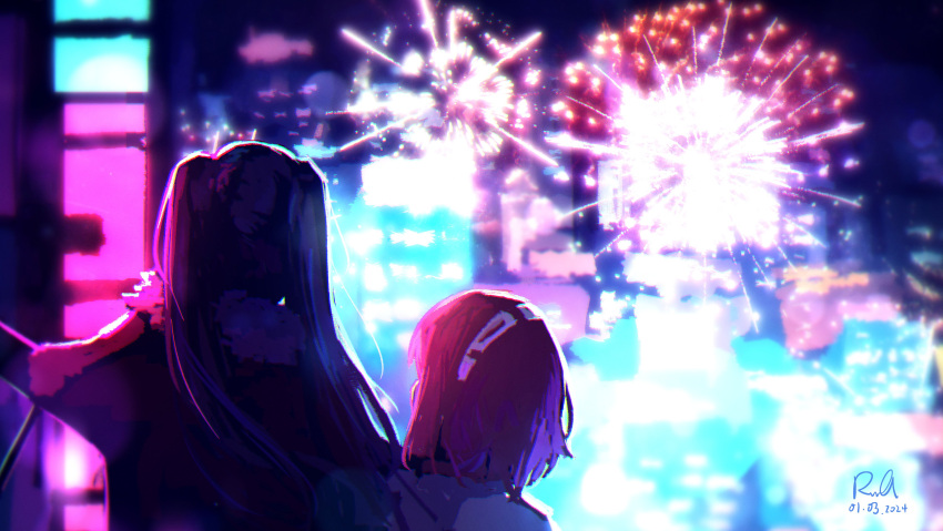 2girls absurdres arm_up black_hair city_lights dated dorothy_haze facing_ahead facing_another fireworks from_behind fur-trimmed_jacket fur_trim highres jacket jill_stingray long_hair multiple_girls night outdoors red_hair red_jacket rnna shirt short_hair side-by-side signature twintails upper_body va-11_hall-a white_shirt