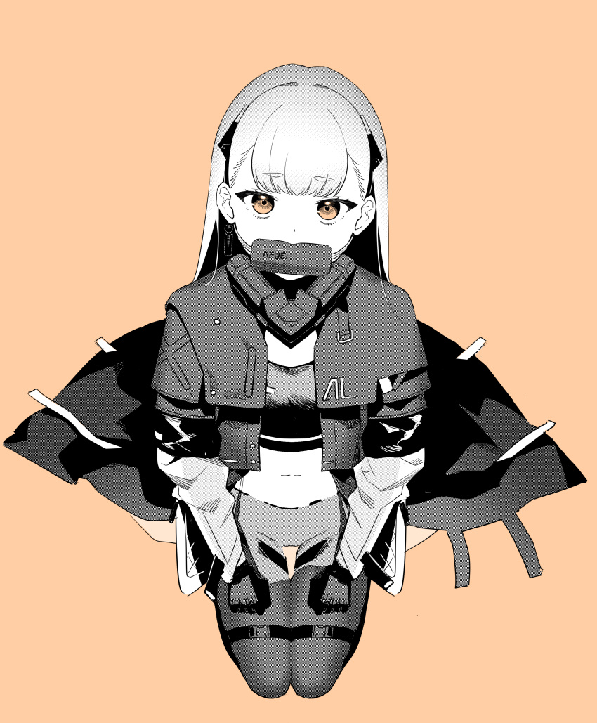 1girl absurdres ak-alfa_(girls'_frontline) blanchat blunt_bangs brown_background brown_eyes commentary girls'_frontline gloves greyscale_with_colored_background highres jacket long_hair long_sleeves looking_at_viewer mouth_hold seiza simple_background sitting solo spot_color