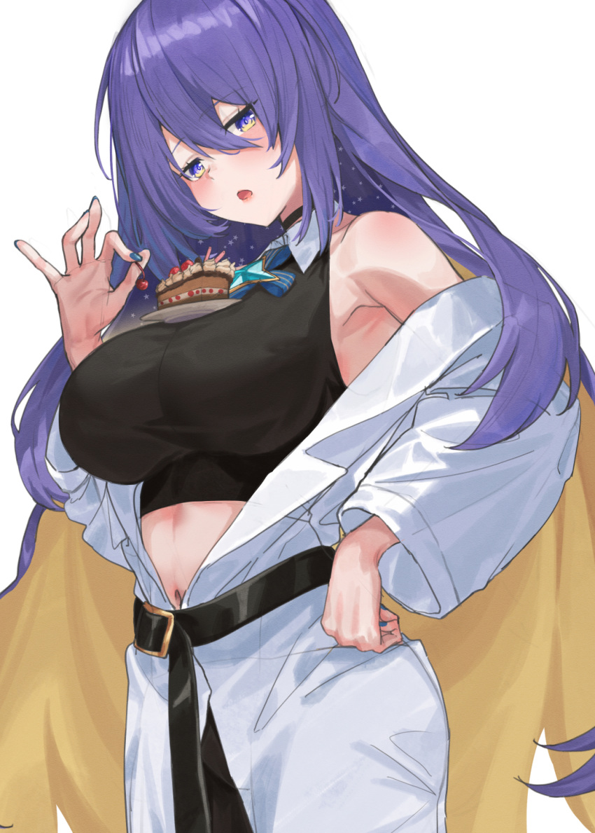 1girl belt black_belt black_choker black_shirt blonde_hair blue_nails breasts cake cake_slice cherry chocolate_cake choker colored_inner_hair crop_top english_commentary food food_on_body food_on_breasts fruit hand_on_own_hip highres holding holding_food holding_fruit hololive hololive_indonesia jacket kinoko_(shikimylove) large_breasts long_hair long_sleeves looking_at_viewer moona_hoshinova moona_hoshinova_(1st_costume) multicolored_hair nail_polish navel object_on_breast off_shoulder open_mouth plate purple_eyes purple_hair shirt simple_background solo starry_hair two-tone_hair very_long_hair virtual_youtuber white_background white_jacket