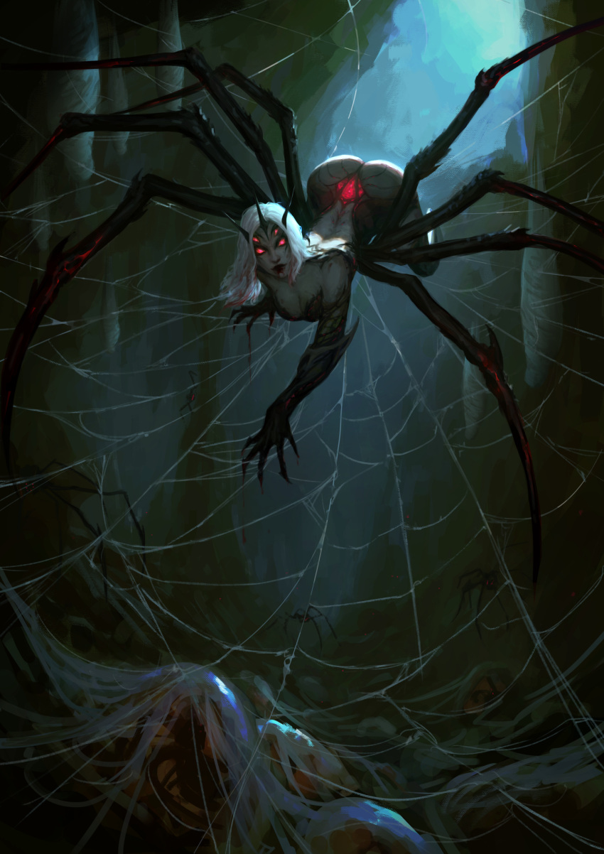 1girl animal arachne arthropod_girl breasts bug cleavage closed_mouth colored_skin egg extra_eyes grey_hair grey_skin highres horns large_breasts long_hair looking_at_viewer monster_girl original red_eyes red_lips silk smile solo spider spider_girl spider_web taur wawtman