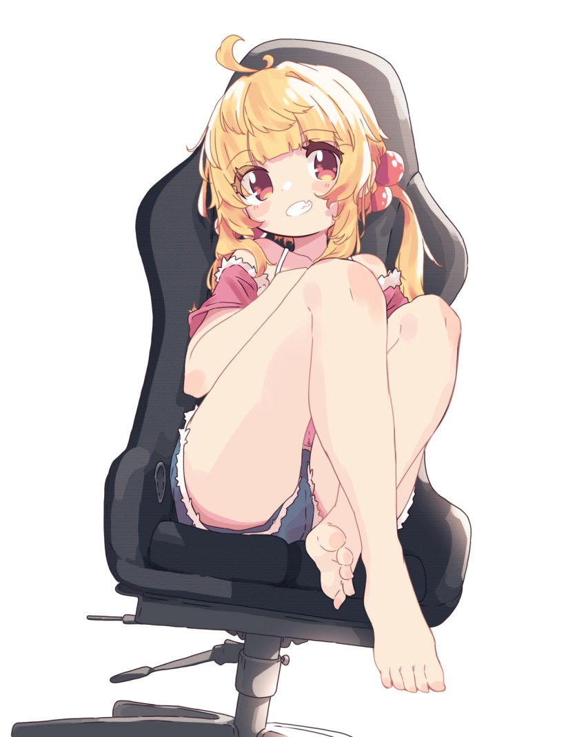 1girl ahoge aoi_tori bare_legs bare_shoulders barefoot black_shorts blonde_hair blush chair crossed_legs dorsiflexion fang feet gaming_chair grin hair_bobbles hair_ornament highres knees_up legs long_hair looking_at_viewer off-shoulder_shirt off_shoulder on_chair original pink_shirt red_eyes shadow shirt short_shorts shorts side_ponytail simple_background sitting smile solo swivel_chair thighs toes twintails white_background