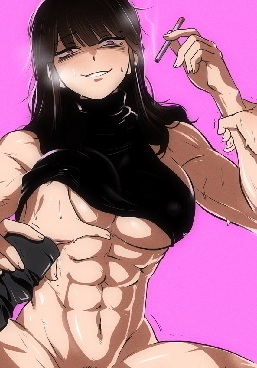 1boy 1girl abs bare_arms bare_hips breasts cigarette grabbing grabbing_another's_breast heavy_breathing highres holding holding_cigarette holding_hands large_breasts long_hair long_sleeves muscular muscular_female naughty_face nude original purple_eyes seductive_smile sleeveless sleeveless_turtleneck smile smoke spoiledmuffin stomach sweat thighs turtleneck