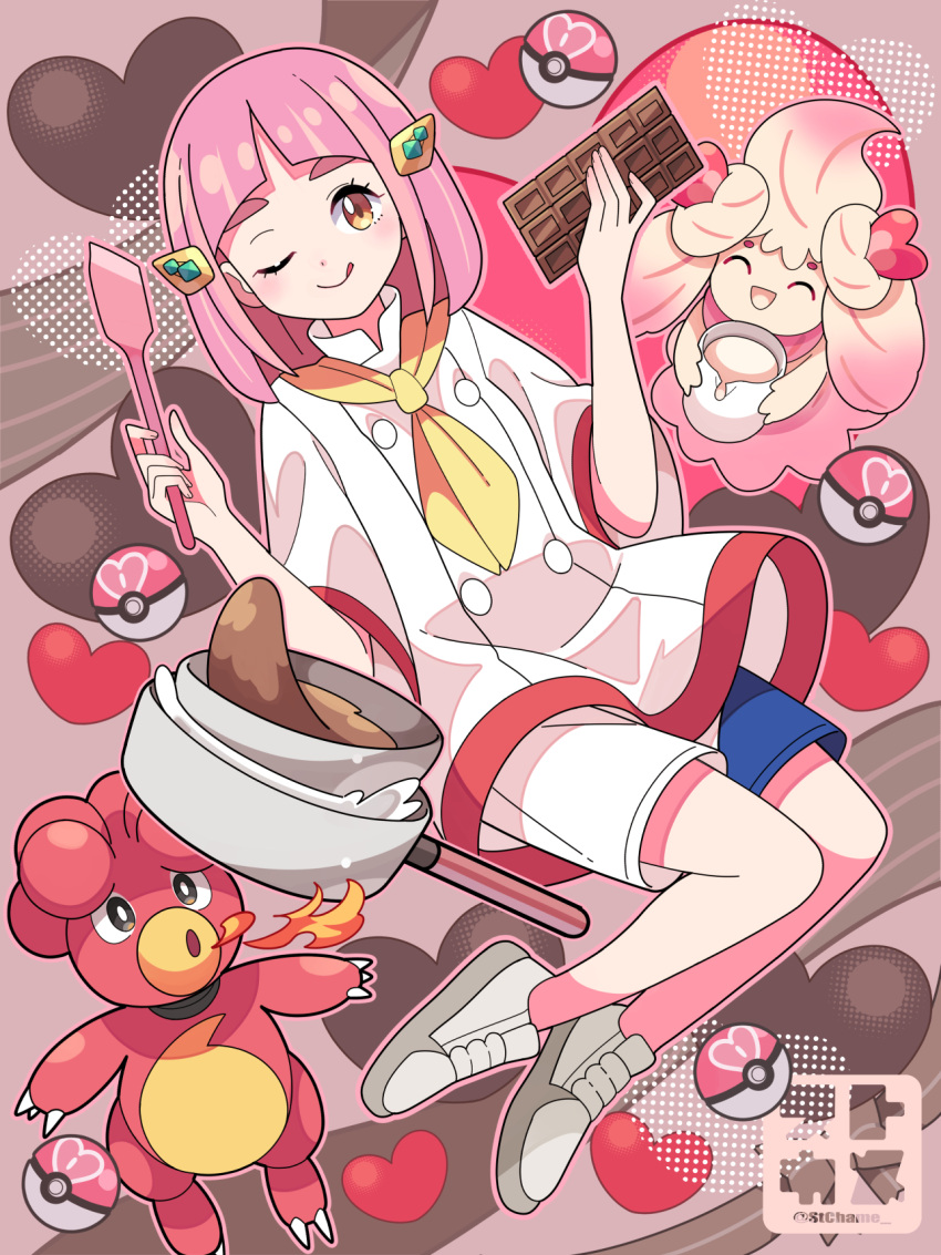 1girl ;q alcremie arched_bangs ascot buttons candy chocolate chocolate_bar closed_mouth eyelashes fire food heart highres holding jacket lacey_(pokemon) looking_at_viewer love_ball magby one_eye_closed pink_hair poke_ball pokemon pokemon_(creature) pokemon_sv shoes short_sleeves shorts smile sutokame tongue tongue_out white_jacket white_shorts yellow_ascot yellow_eyes