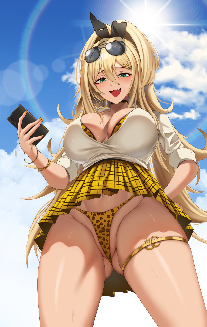 1girl absurdres animal_ears animal_print ass_visible_through_thighs blonde_hair bra bra_peek breasts cellphone choker commentary_request earrings epko eyewear_on_head fake_animal_ears fang from_below goddess_of_victory:_nikke green_eyes groin gyaru hair_between_eyes highres holding holding_phone hoop_earrings jewelry large_breasts leopard_print long_hair looking_at_viewer miniskirt nail_polish open_mouth orange_nails panties pantyshot phone pleated_skirt rupee_(nikke) shirt skirt smartphone smile solo sunglasses sunlight sweat thigh_strap thighs underwear upskirt white_shirt yellow_skirt