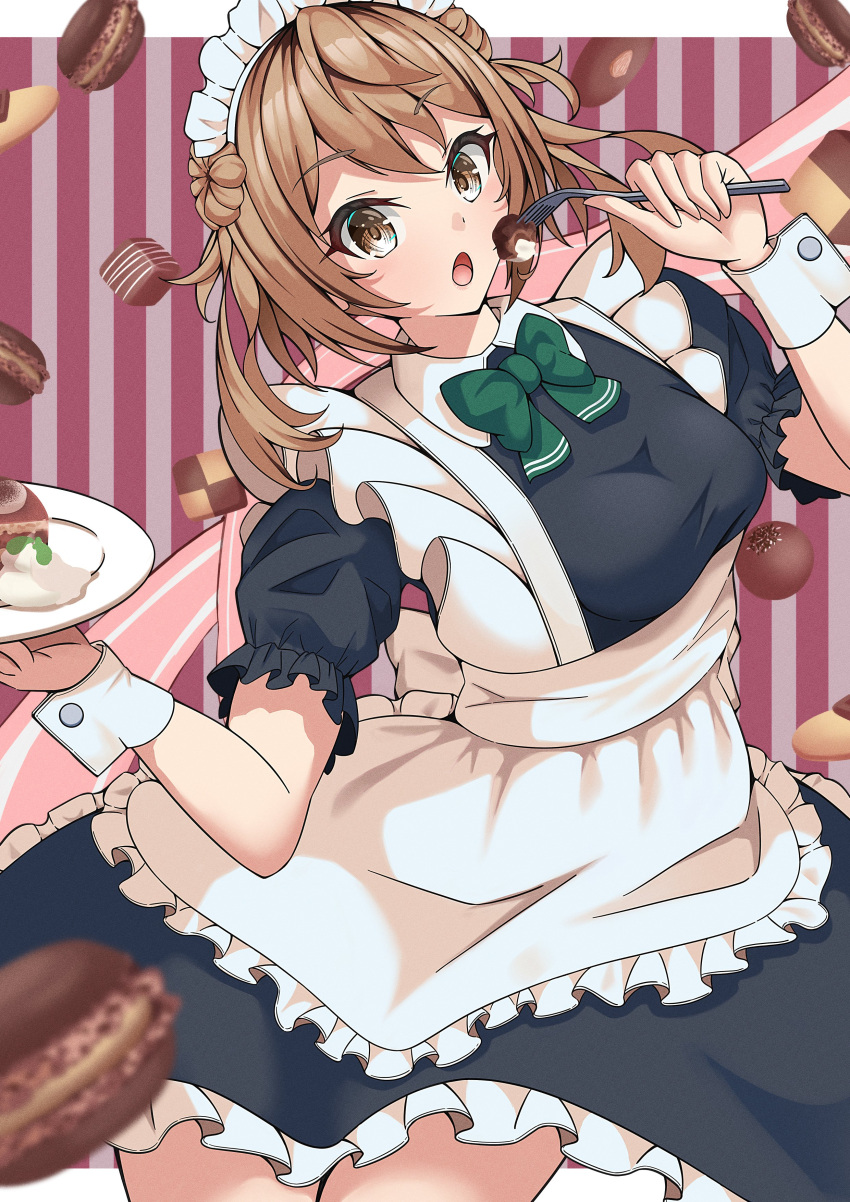 absurdres alternate_costume apron black_dress bow bowtie brown_eyes double_bun dress enmaided food fork frilled_apron frills green_bow green_bowtie hair_bun highres kantai_collection kikuchi-shoogo light_brown_hair macaron maid maid_headdress michishio_(kancolle) open_mouth plate striped_background white_apron