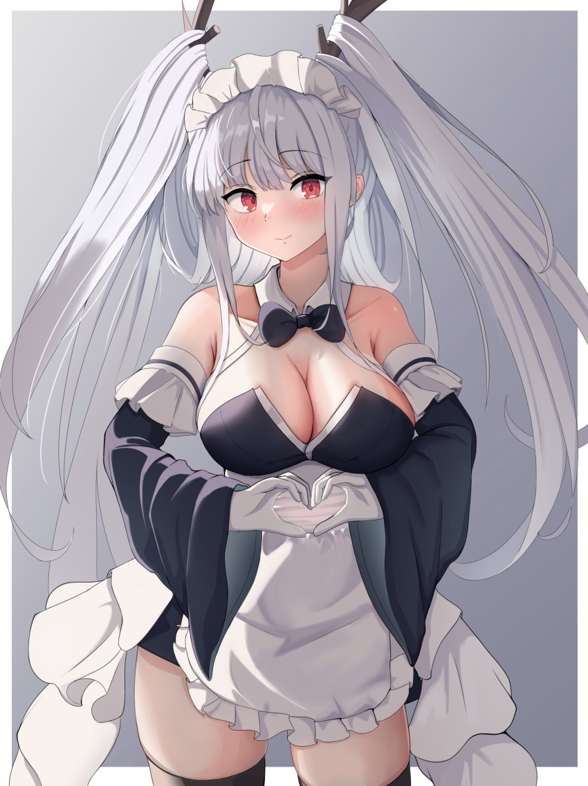 1girl absurdres aj_gtv apron azur_lane bare_shoulders black_dress blush breasts cleavage commission detached_collar detached_sleeves dragon_girl dragon_horns dress frilled_apron frills hair_on_horn hands_up heart heart_hands highres hip_focus horns large_breasts long_hair looking_at_viewer maid_headdress medium_breasts pixiv_commission red_eyes shimanto_(azur_lane) shimanto_(the_comfy_dragon_god)_(azur_lane) short_dress skindentation smile solo thighs very_long_hair waist_apron white_apron white_hair wide_sleeves