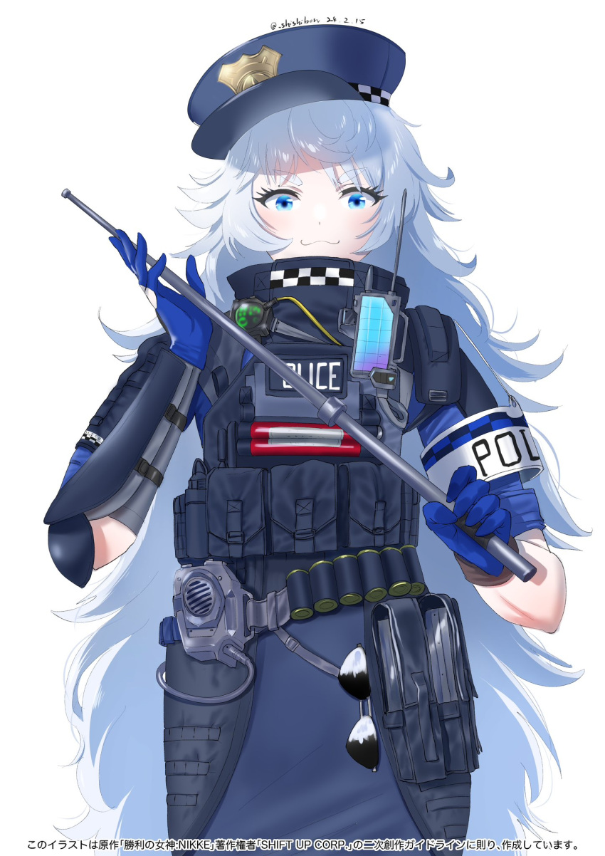 1girl :3 bandolier baton_(weapon) blue_eyes gloves goddess_of_victory:_nikke hat highres holding long_hair plate_carrier poli_(nikke) police police_hat police_uniform policewoman shishimaru_(shishibon) sidelocks smile solo tactical_clothes uniform very_long_hair weapon white_hair