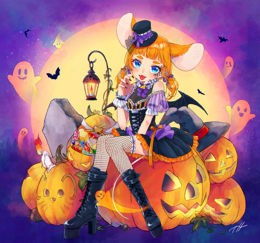 1girl :3 absurdres animal_ears bat_(animal) blue_eyes blunt_bangs blush boots breasts candy claw_pose cleavage corset dress fang fingernails fishnet_thighhighs fishnets food frilled_dress frills ghost hair_ribbon halloween halloween_bucket hat high_heel_boots high_heels highres indie_virtual_youtuber jack-o'-lantern lantern lollipop long_fingernails low_twintails mini_hat mini_top_hat mouse_ears mouse_girl nail_polish naname_(7name) neck_ribbon orange_hair original pumpkin ribbon see-through see-through_cleavage short_sleeves sitting smile solo spider_web_tattoo thick_eyebrows thighhighs tongue tongue_out top_hat twintails virtual_youtuber witch_hat