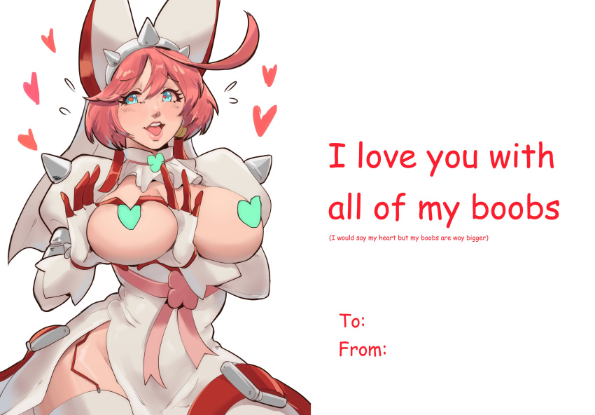 1girl absurdres ahoge animal_ear_hairband animal_ears belt blue_eyes breastless_clothes breasts breasts_out bridal_veil censored dress elphelt_valentine english_text fake_animal_ears gloves guilty_gear guilty_gear_xrd hairband heart heart-shaped_boob_challenge heart-shaped_pupils heart_censor highres huge_ahoge huge_breasts juliet_sleeves lips long_sleeves looking_at_viewer no_bra pink_hair puffy_sleeves red_garter_straps red_gloves short_hair shoulder_spikes side_slit skullworms solo spiked_hairband spikes symbol-shaped_pupils teeth thigh_belt thigh_strap thighhighs thighs two-tone_gloves upper_teeth_only valentine valentine_card veil white_background white_dress white_gloves white_thighhighs white_veil