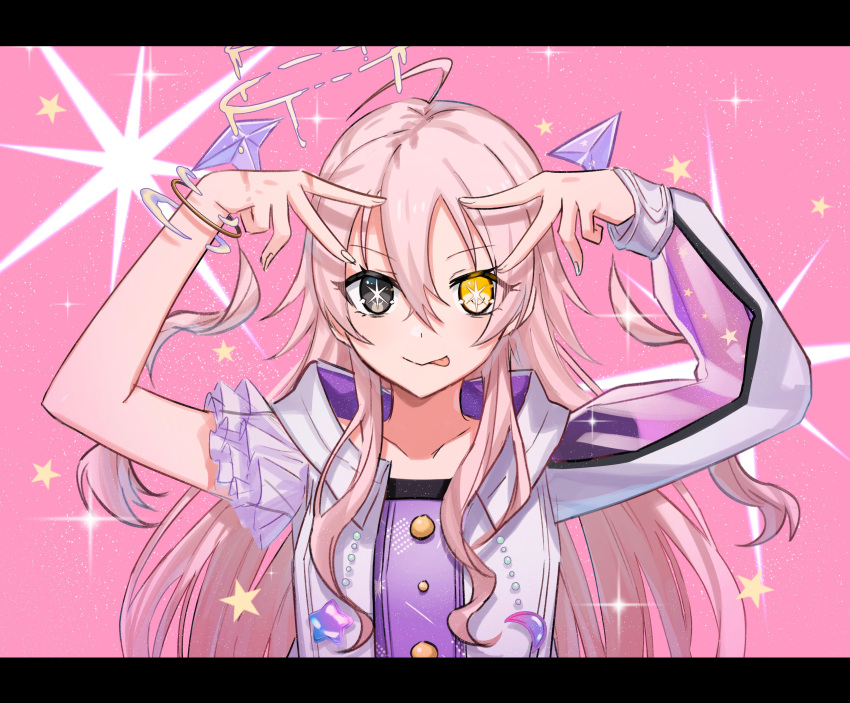 1girl :p absurdres aoki_shizumi arms_up bracelet closed_mouth d4dj grey_eyes hair_between_eyes heterochromia highres ichihoshi_lumina jewelry pink_hair solo star_(symbol) star_in_eye symbol_in_eye tongue tongue_out v yellow_eyes