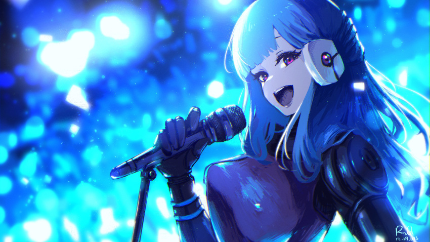 1girl :d absurdres blue_hair covered_nipples dated from_side headphones highres holding holding_microphone kira_miki long_hair looking_at_viewer mechanical_arms microphone microphone_stand open_mouth purple_eyes purple_shirt rnna shirt signature single_mechanical_arm smile solo teeth upper_body upper_teeth_only va-11_hall-a