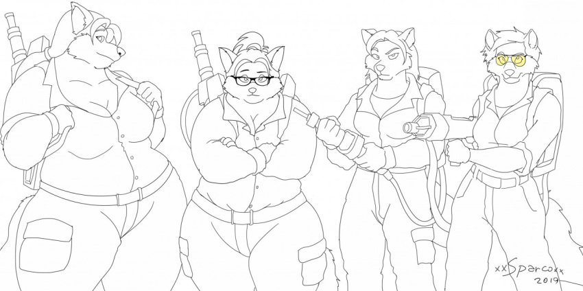 2019 anthro big_breasts breasts canid canine canis clothing digital_media_(artwork) eyewear female fox fur ghostbusters glasses group hair jill_(xxsparcoxx) jumpsuit letty_(xxsparcoxx) mammal michelle_(xxsparcoxx) overweight overweight_anthro overweight_female proton_pack simple_background sketch sophia_(xxsparcoxx) thick_thighs white_background wolf xxsparcoxx