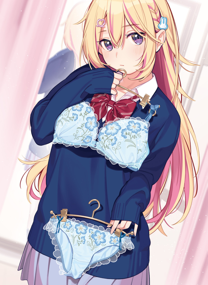 1girl blonde_hair blue_bra blue_panties blue_sweater bow bowtie bra braid changing_room clothes_hanger collared_shirt colored_inner_hair dengeki_moeou diagonal-striped_bow diagonal-striped_bowtie diagonal-striped_clothes floral_print hair_ornament heart heart_hair_ornament highres indoors lingerie long_hair multicolored_hair non-web_source original panties pink_hair purple_eyes rabbit_hair_ornament red_bow red_bowtie reflection shirt skirt sleeves_past_wrists solo striped_clothes sweater underwear unworn_bra unworn_panties upper_body wantan_meo white_shirt