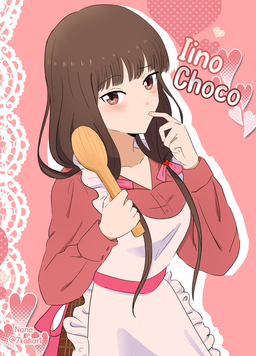 1girl absurdres alternate_costume apron brown_eyes brown_hair brown_skirt character_name collarbone finger_in_own_mouth frilled_apron frills heart highres holding holding_spoon iino_miko kaguya-sama_wa_kokurasetai_~tensai-tachi_no_renai_zunousen~ long_hair long_sleeves nana_(7kah) pink_background plaid plaid_skirt red_shirt shirt skirt solo spoon white_apron white_background wooden_spoon