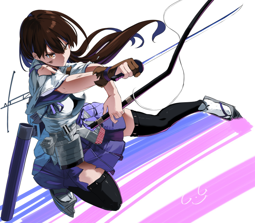 1girl akagi_(kancolle) black_footwear black_thighhighs blue_skirt bow_(weapon) brown_eyes brown_hair closed_mouth frown gegeron highres holding holding_sword holding_weapon kantai_collection katana pleated_skirt shirt shoes short_sleeves skirt solo sword thighhighs torn_clothes weapon white_shirt