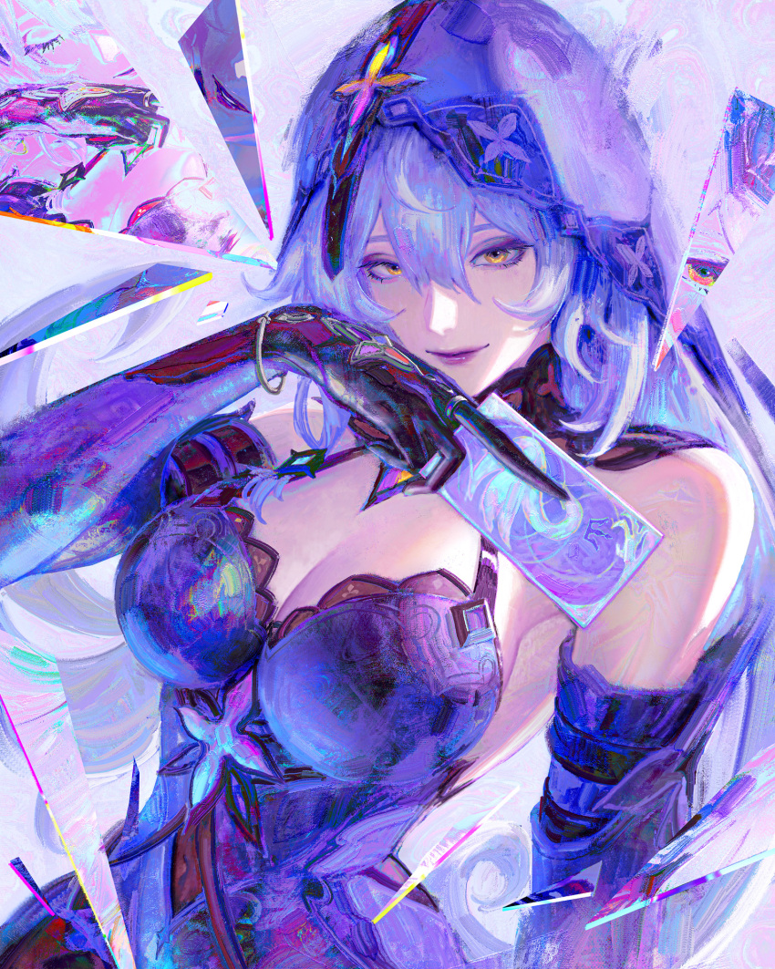 1girl arm_belt black_swan_(honkai:_star_rail) breasts card cleavage detached_sleeves elbow_gloves flowersbloodart glass_shards gloves hair_between_eyes hand_up highres holding holding_card honkai:_star_rail honkai_(series) large_breasts lips long_hair looking_at_viewer purple_background purple_gloves purple_hair purple_theme purple_veil sidelocks solo tarot tarot_(card) upper_body yellow_eyes