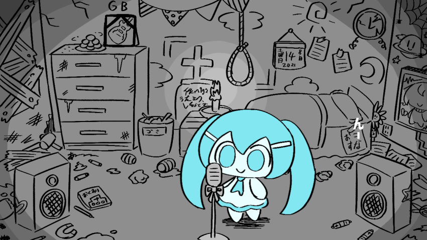 +-0_(vocaloid) 1girl aqua_eyes aqua_hair aqua_necktie bed bedroom book bug candle candlestand chibi chibi_only clock closed_mouth crack cracked_wall crayon crescent drawer electrical_outlet gavel hair_ornament hairclip hatsune_miku indoors long_hair looking_at_object magnet microphone microphone_stand necktie no_pupils noose paper pen pepoyo picture_frame plank silk skirt smile solo speaker spider spider_web standing trash trash_can twintails vocaloid