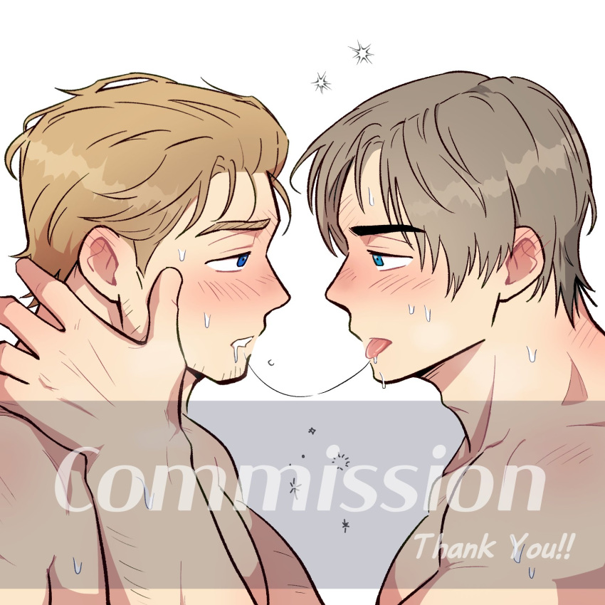 2boys after_kiss bara blush commission couple dead_by_daylight eye_contact facial_hair felix_richter highres long_sideburns looking_at_another male_focus multiple_boys nude profile saliva saliva_trail short_hair sideburns sideburns_stubble sparkle_background sparse_arm_hair sparse_stubble stubble tongue tongue_out upper_body wasted_m9 yaoi