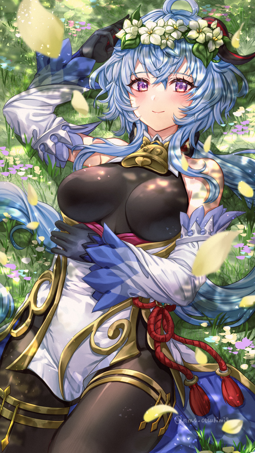 1girl absurdres ahoge bare_shoulders bell black_gloves black_pantyhose blue_hair blush bodystocking breasts detached_sleeves double-parted_bangs flower_wreath ganyu_(genshin_impact) genshin_impact gloves gold_trim hair_between_eyes hand_on_own_head head_wreath highres horns long_hair long_sleeves looking_at_viewer lying neck_bell nyamaso on_back on_grass pantyhose pelvic_curtain purple_eyes smile solo twitter_username