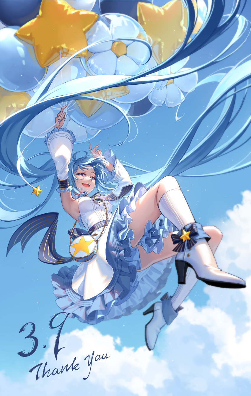 1girl 39 absurdres armpits arms_up bag balloon blue_eyes blue_hair blue_nails blue_sky boots bow bowtie breasts cloud detached_sleeves dress floating_hair footwear_bow frilled_dress frilled_sleeves frills full_body hair_spread_out hatsune_miku high_heel_boots high_heels highres holding holding_balloon layered_dress long_hair looking_at_viewer maple_(maplehy) medium_breasts miku_day nail_polish open_mouth shoulder_bag sideboob sky solo striped_bow striped_bowtie striped_clothes teeth thank_you twintails upper_teeth_only very_long_hair vocaloid white_dress white_footwear