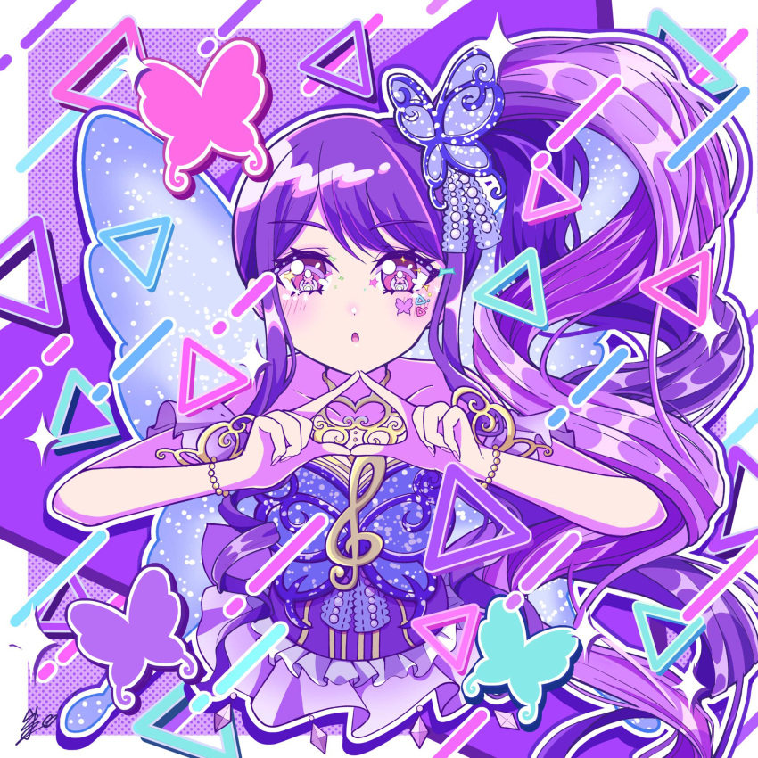 1girl bare_shoulders blue_wings border bracelet butterfly_hair_ornament butterfly_wings commentary_request cropped_torso hair_ornament highres insect_wings jewelry junon_(pripara) long_hair looking_at_viewer open_mouth outline pretty_series pripara purple_eyes purple_hair purple_shirt purple_theme satowa_(circuit) shirt side_ponytail sidelocks solo sparkle sticker_on_face treble_clef triangle triangle_hands upper_body very_long_hair white_border white_outline wings