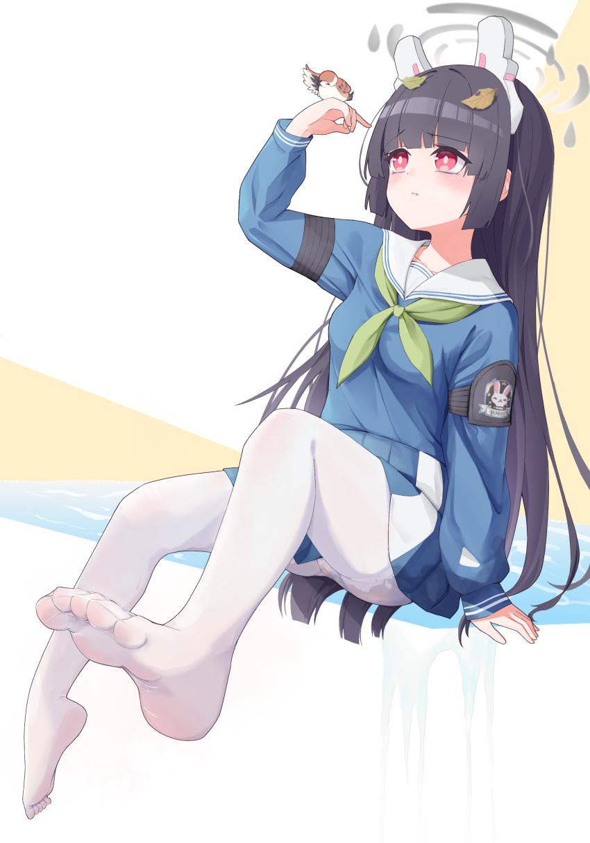 1girl absurdres animal_ear_headphones animal_ears arm_up bird bird_on_hand black_hair blue_archive blue_shirt blue_skirt blue_sky blunt_bangs breasts bright_pupils chousetsu_(chongvon) closed_mouth fake_animal_ears feet foot_focus green_neckerchief grey_halo halo headphones highres invisible_chair leaf leaf_on_head long_hair long_sleeves looking_at_animal medium_breasts miyu_(blue_archive) neckerchief panties panties_under_pantyhose pantyhose pantyshot pink_eyes rabbit_ear_headphones school_uniform serafuku shirt sitting skirt sky soles solo toes underwear wet white_pantyhose white_pupils