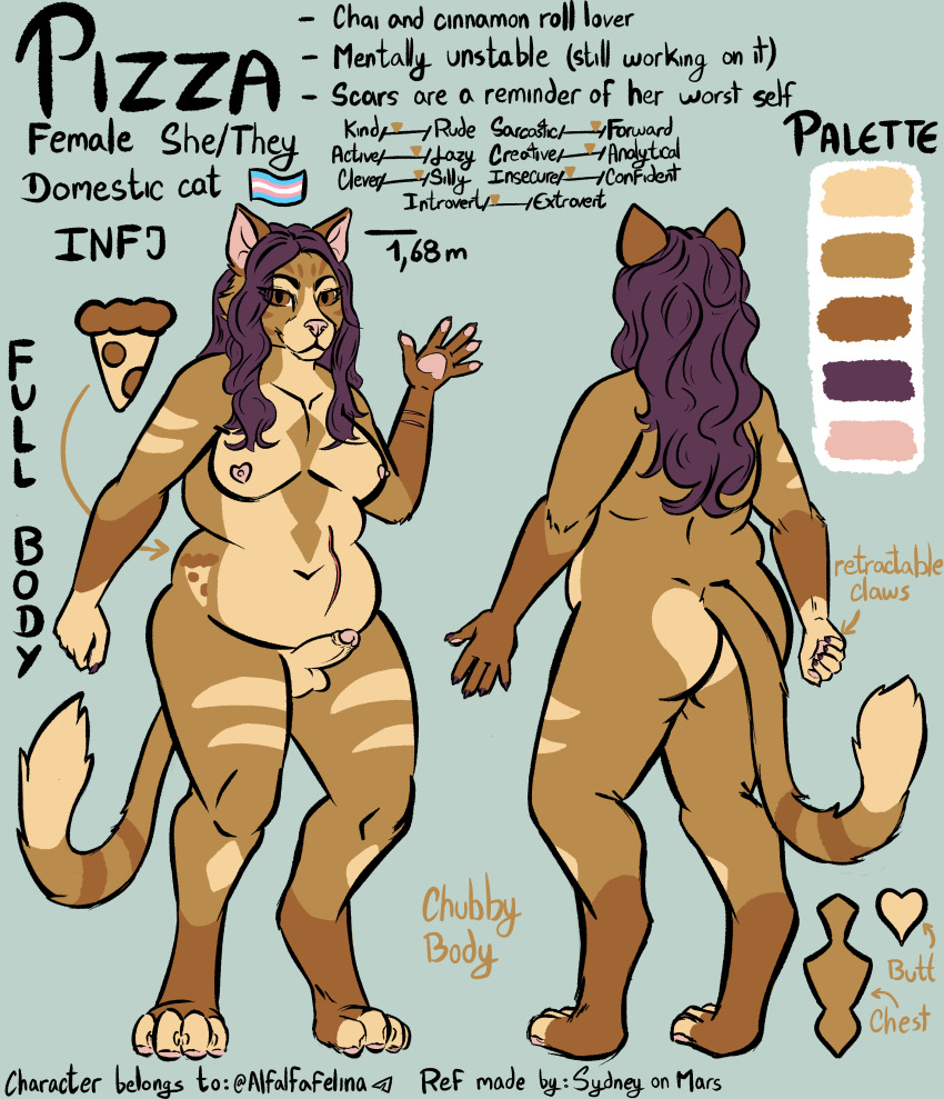absurd_res anthro domestic_cat english_text felid feline felis female hair hi_res lgbt_pride mammal model_sheet pride_colors purple_hair slightly_chubby smile smiling_at_viewer solo standing sydney_onmars text trans_(lore) trans_woman_(lore) transgender_pride_colors