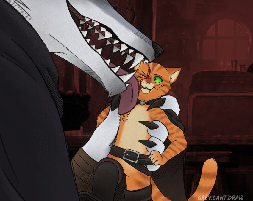 anthro bar belt blood blood_drip blood_on_face bodily_fluids boots canid canine canis cape claws clothing death_(puss_in_boots) domestic_cat dreamworks duo face_lick felid feline felis footwear fur green_eyes hand_held handheld hi_res holding_another inside its-grey licking licking_another male male/male mammal one_eye_closed open_mouth orange_body orange_fur puss_in_boots_(character) puss_in_boots_(dreamworks) showing_teeth size_difference tabby_cat tongue tongue_out white_body white_fur wolf