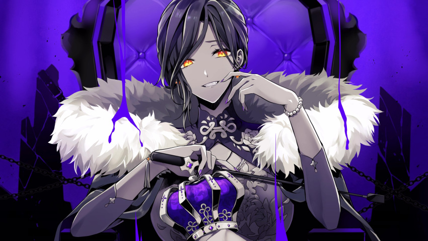 1girl black_hair breasts cape coat crown finger_in_own_mouth fur-trimmed_cape fur-trimmed_coat fur_trim grin haru_(haru2079) highres holding holding_crown king_(vocaloid) large_breasts limited_palette long_hair looking_at_viewer multicolored_hair nijisanji open_mouth orange_eyes shirayuki_tomoe sitting smile solo teeth throne unworn_crown upper_body virtual_youtuber