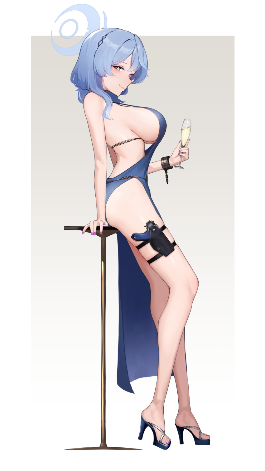 1girl ako_(blue_archive) ass backless_outfit bare_legs bare_shoulders black_footwear blue_archive blue_eyes blue_hair blush breasts cleavage closed_mouth cup dress drinking_glass earrings full_body gloves gun hair_between_eyes halo halterneck high_heels highres holding jewelry large_breasts legs long_hair looking_at_viewer official_alternate_costume parted_lips shoes short_hair sideboob simple_background sitting smile solo suzuya_(maru) thigh_strap thighs weapon wine_glass