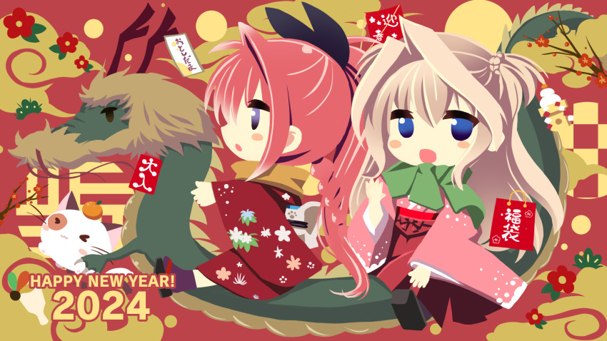 &gt;_&lt; 2024 2girls :o alternate_costume artist_request black_ribbon blue_eyes braid cat chibi chibi_only chinese_zodiac cloud_print dated dragon dragon_horns eastern_dragon floral_print flower green_scarf hair_between_eyes hair_intakes hair_ribbon hakama hakama_skirt happy_new_year highres horns inui_sana japanese_clothes kimono light_brown_hair long_hair looking_afar looking_at_viewer mashiroiro_symphony multiple_girls open_mouth pannya pink_kimono print_kimono profile purple_eyes red_background red_flower red_hair red_hakama red_kimono ribbon scarf sena_airi side_ponytail simple_background single_braid sitting sitting_on_animal skirt smile two_side_up year_of_the_dragon yellow_scarf