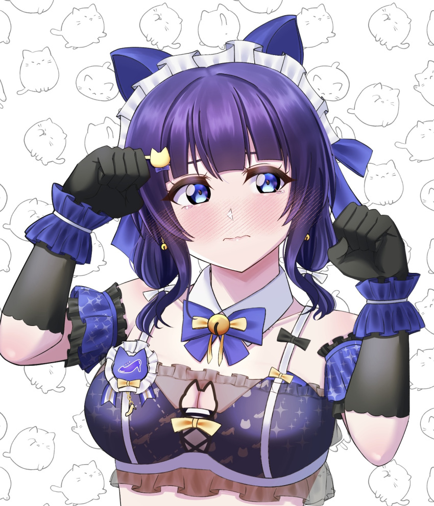 1girl ame_(user_xnsx2337) animal_background animal_ears arm_garter asaka_karin bell black_gloves blue_bow blue_bra blue_eyes blue_hair blunt_bangs blush bow bra breasts cat_cutout cat_ears cleavage cleavage_cutout closed_mouth clothing_cutout commentary detached_collar earrings elbow_gloves fake_animal_ears gloves highres jewelry jingle_bell looking_to_the_side love_live! love_live!_nijigasaki_high_school_idol_club low_twintails maid_headdress medium_breasts medium_hair paw_pose solo twintails underwear upper_body wavy_mouth