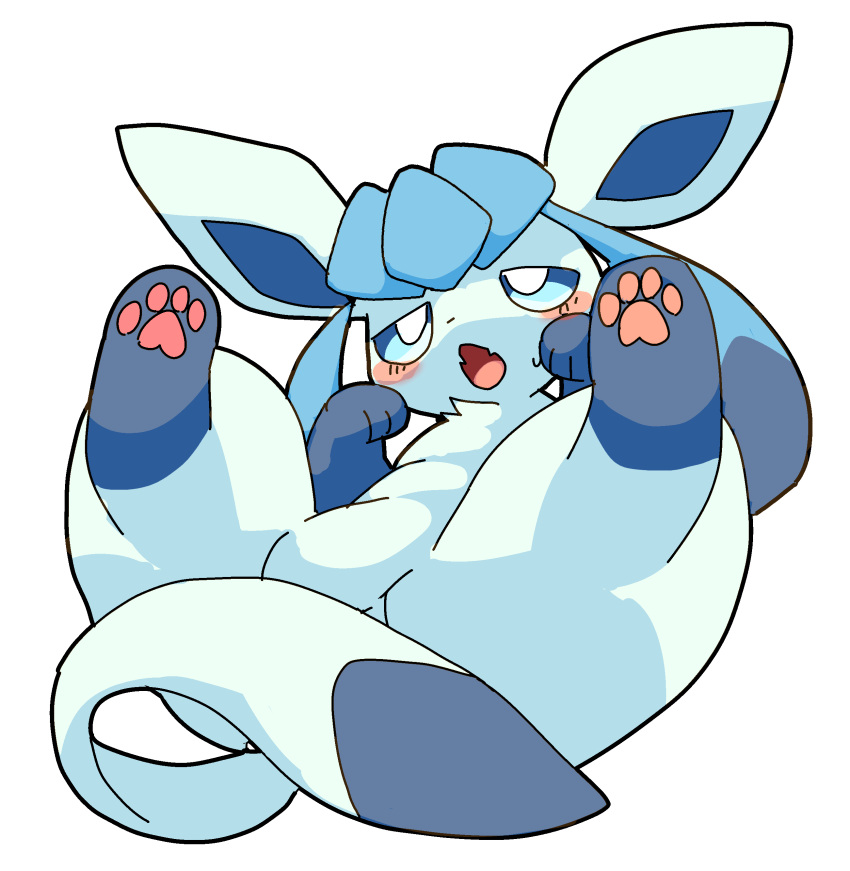 0kazu10001 absurdres animal_focus blue_fur blue_sclera blush colored_sclera convenient_censoring fangs furry furry_female glaceon half-closed_eyes highres legs_up lying no_humans on_back paw_pose pawpads pokemon pokemon_(creature) spread_legs sweatdrop