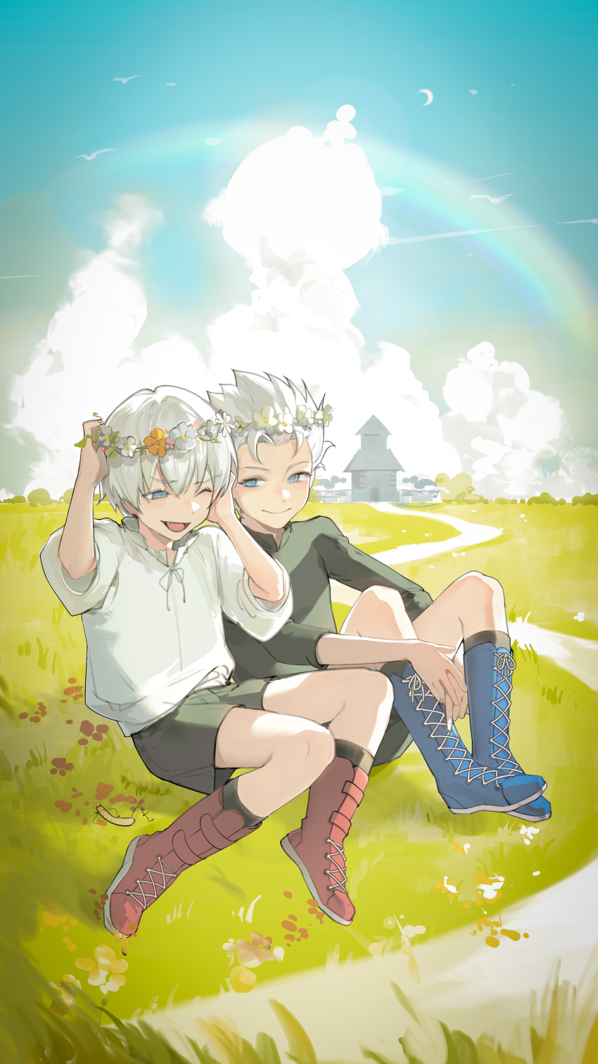 2boys absurdres aged_down blue_eyes blue_sky blush brothers child cloud cloudy_sky cumcmn dante_(devil_may_cry) day devil_may_cry_(series) family field flower flower_wreath grass hair_between_eyes hair_flower hair_ornament hair_slicked_back head_wreath highres male_focus multiple_boys nature open_mouth outdoors rainbow rainbow_gradient shirt short_shorts shorts siblings sky smile sunflower twins vergil_(devil_may_cry) white_hair white_shirt wreath
