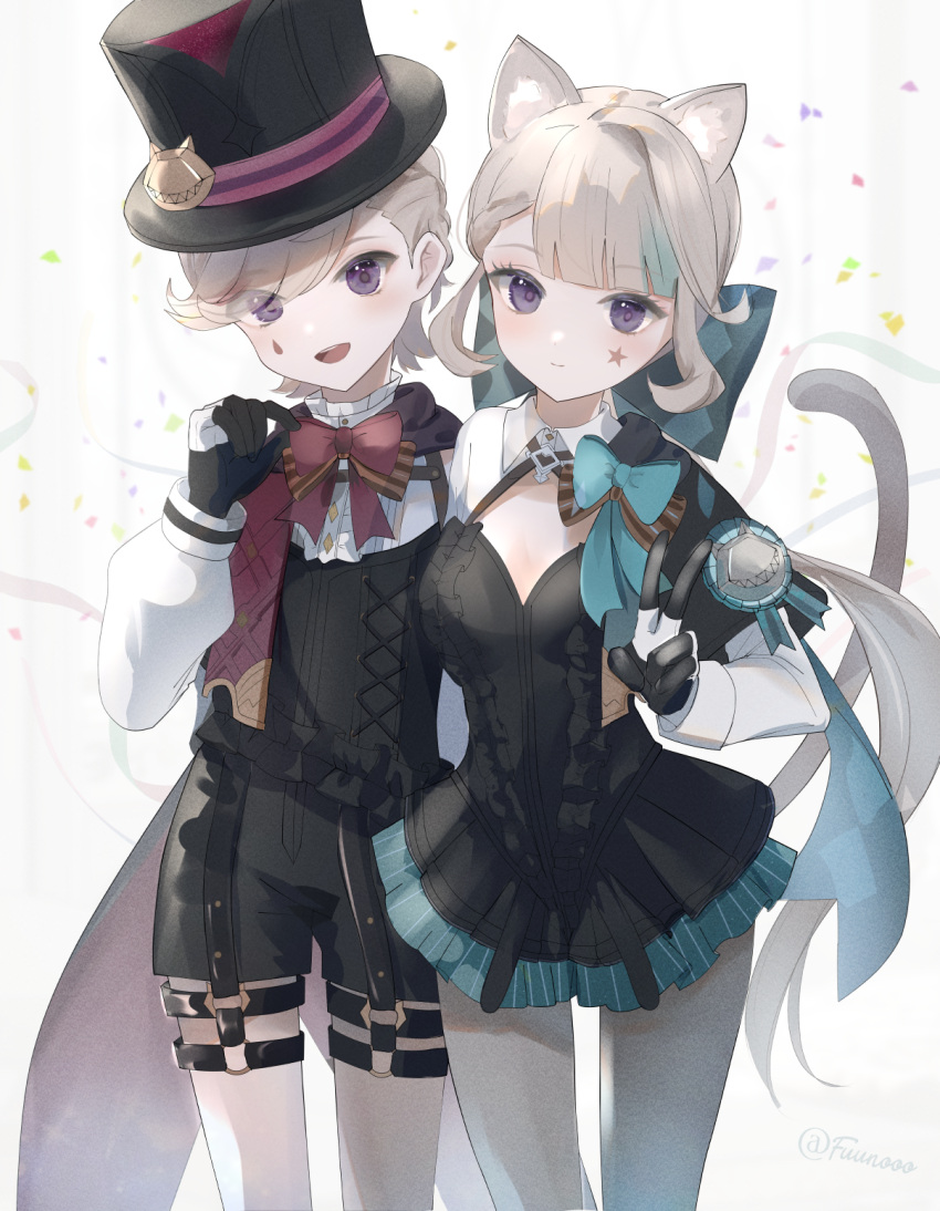 1boy 1girl :d animal_ears black_gloves black_headwear black_leotard bow bowtie breasts brother_and_sister cat_ears cat_girl cat_tail closed_mouth confetti cross-laced_clothes facial_mark fujito_(call_f_) genshin_impact gloves grey_hair hair_bow hat highres leotard long_sleeves lynette_(genshin_impact) lyney_(genshin_impact) open_mouth pantyhose purple_eyes red_bow red_bowtie siblings smile star_(symbol) star_facial_mark tail teardrop_facial_mark teeth top_hat twitter_username two-tone_gloves upper_teeth_only v white_gloves