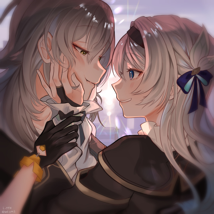 2girls :d absurdres black_gloves black_hairband black_jacket blue_eyes blue_pupils blue_ribbon blush bow bridal_gauntlets close-up evening eye_contact firefly_(honkai:_star_rail) from_side gloves grey_hair grin hair_bow hair_intakes hair_ribbon hairband hand_on_another's_wrist hands_on_another's_cheeks hands_on_another's_face highres honkai:_star_rail honkai_(series) jacket l_yth lens_flare long_hair looking_at_another multiple_girls open_mouth outdoors portrait profile ribbon sidelocks smile stelle_(honkai:_star_rail) teeth trailblazer_(honkai:_star_rail) white_bow yellow_eyes yuri