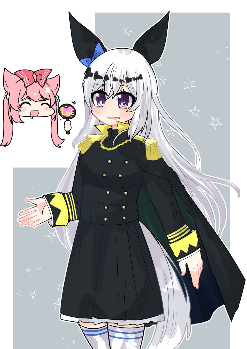 2girls absurdres agnes_digital_(umamusume) animal_ears awaji_(hotel_kyuu_awaji) black_cloak black_jacket black_skirt blue_bow bow buttons cloak double-breasted drooling ear_bow epaulettes fourragere genderswap genderswap_(mtf) grey_background grey_hair hair_between_eyes hair_bow hand_fan highres holding holding_fan horse_ears horse_girl horse_tail jacket kurofune_(racehorse) long_hair long_sleeves military_jacket motion_lines multiple_girls original otaku outline paper_fan personification purple_eyes red_bow skirt tail thighhighs two_side_up uchiwa umamusume white_thighhighs