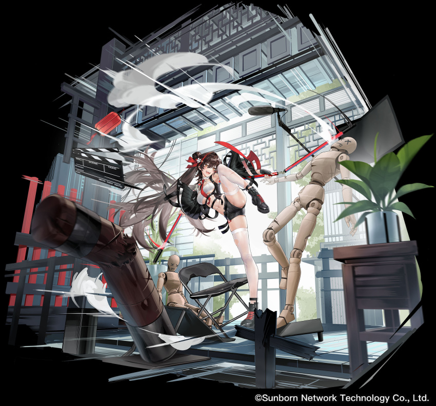 1girl :d ankle_boots black_background black_footwear black_gloves black_hair black_sleeves boots breasts chair clapperboard copyright_notice cross-laced_footwear detached_collar detached_sleeves double_bun faux_figurine fingerless_gloves floating_hair folding_chair full_body girls'_frontline girls'_frontline_neural_cloud gloves hair_bun highres jiangyu_(neural_cloud) kung_fu lace-up_boots leg_up long_hair low_twintails medium_breasts mu_ren_zhuang multicolored_hair navel necktie official_art plant potted_plant red_hair red_necktie sanjiegun shirt smile smoke solo standing standing_on_one_leg stomach streaked_hair teeth thighhighs torn_clothes torn_thighhighs twintails type_97_(girls'_frontline) upper_teeth_only very_long_hair vinegar_kira white_shirt white_thighhighs wide_sleeves yellow_eyes