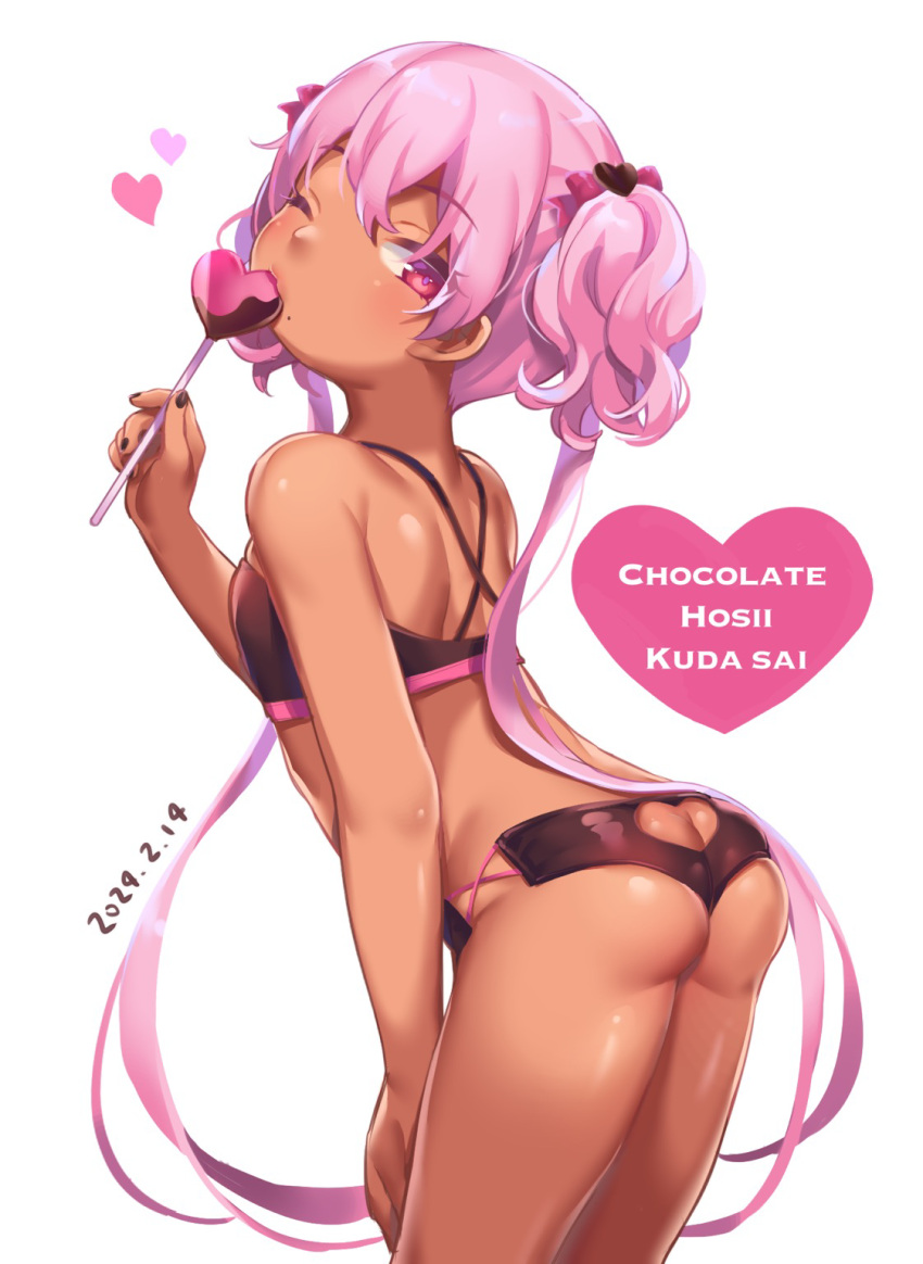 1girl ass back bare_back bare_shoulders black_bra black_panties blush bra candy chocolate clothing_cutout commentary_request dark-skinned_female dark_skin flat_chest food heart heart_cutout highres long_hair looking_at_viewer looking_back maki_(natoriumu) mole mole_under_mouth one_eye_closed original panties petite pink_eyes pink_hair solo twintails underwear underwear_only valentine