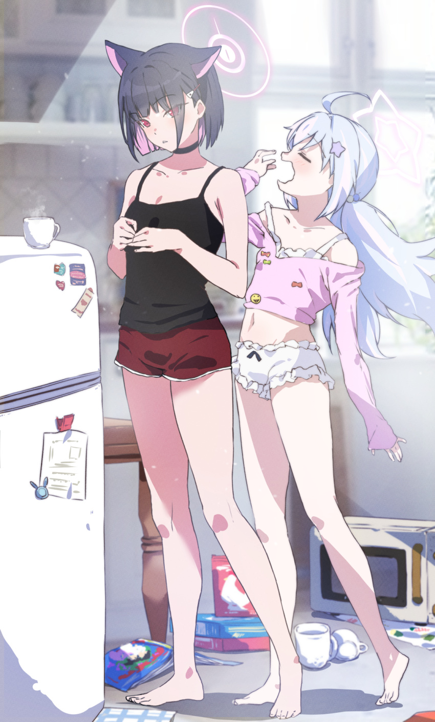 2girls ahoge animal_ears barefoot black_camisole black_choker black_hair bloomers blue_archive blush camisole cat_ears choker closed_eyes colored_inner_hair cup extra_ears hair_ornament halo highres indoors kazusa_(blue_archive) kuu_(user_gngs5284) long_hair long_sleeves multicolored_hair multiple_girls open_mouth pajamas pink_hair pink_halo pink_pajamas purple_hair red_eyes red_shorts refrigerator reisa_(blue_archive) short_hair shorts star_(symbol) star_hair_ornament twintails white_bloomers