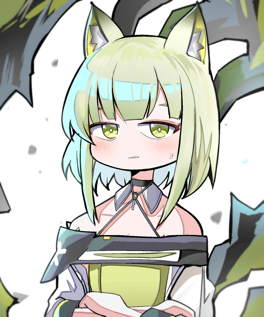 1girl animal_ear_fluff animal_ears arknights bare_shoulders black_choker blush choker collarbone crossed_arms dress eyebrows_hidden_by_hair green_dress green_eyes green_hair highres jacket kal'tsit_(arknights) looking_at_viewer off-shoulder_jacket off_shoulder parted_lips simple_background solo spam_(spamham4506) sweat upper_body white_background white_jacket