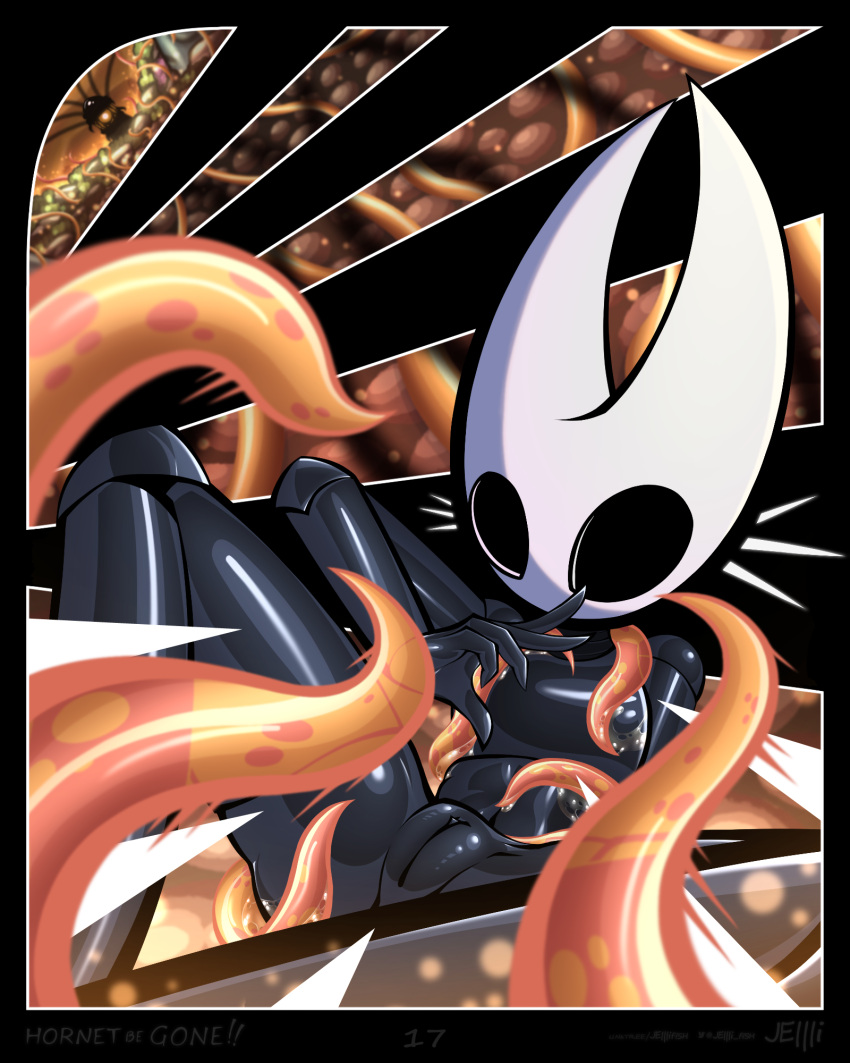 2024 4:5 arthropod black_body clitoris comic depth_of_field detailed_background digital_media_(artwork) featureless_chest female flat_chested genitals hi_res hollow_knight hornet_(hollow_knight) humanoid humanoid_genitalia humanoid_pussy jellli lying motion_lines on_back orange_tentacles plump_labia pussy segmented_body slime solo spread_legs spreading team_cherry tentacle_creature tentacles tentacles_around_body the_infection_(hollow_knight)