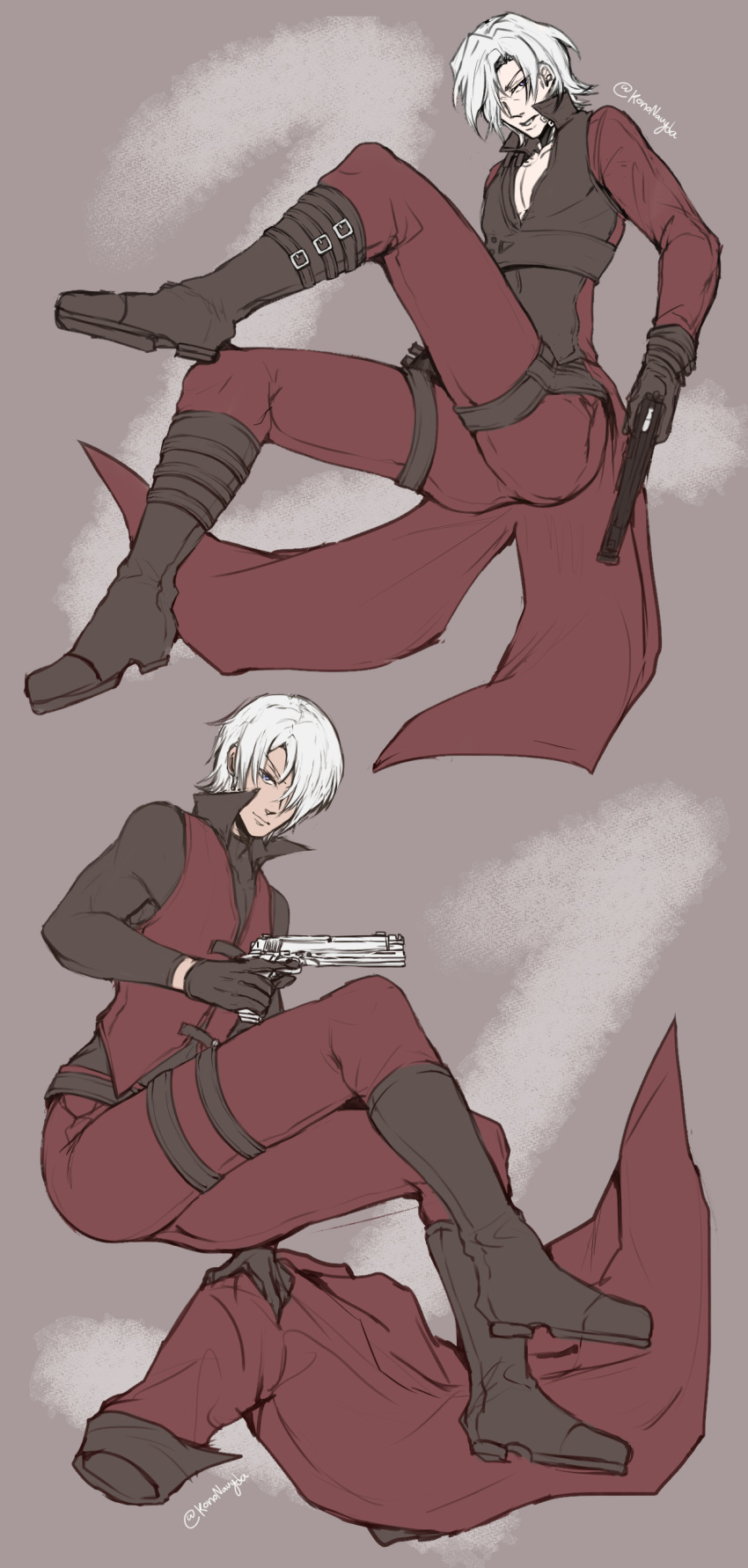 absurdres bishounen black_gloves blue_eyes closed_mouth coat dante_(devil_may_cry) devil_may_cry_(series) devil_may_cry_1 devil_may_cry_2 gloves gun hair_over_one_eye highres holding holding_gun holding_weapon kononavyda male_focus multiple_boys red_coat simple_background smile weapon white_hair