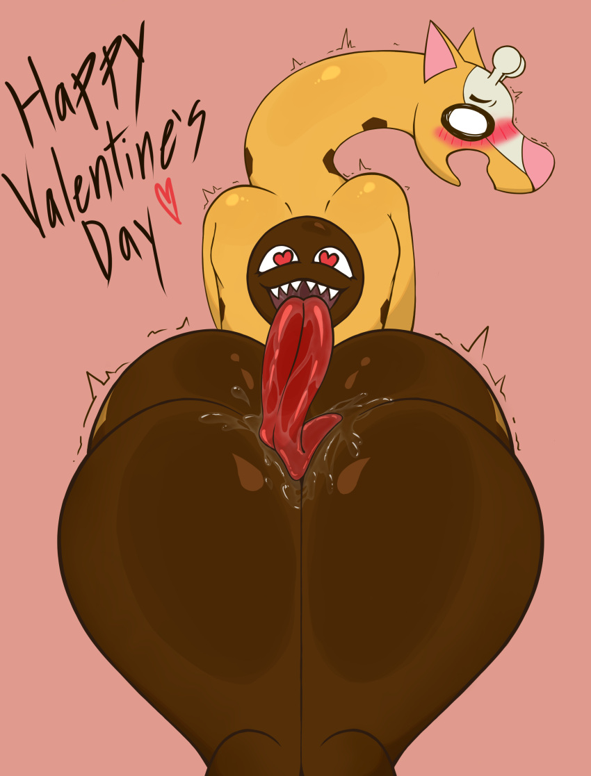 absurd_res anthro blush bodily_fluids bottomless butt clothed clothing drooling droopygoober female generation_2_pokemon girafarig hi_res mammal nintendo nude open_mouth pokemon pokemon_(species) saliva sharp_teeth simple_background solo tail teeth text thick_thighs tongue tongue_out unusual_anatomy unusual_tail