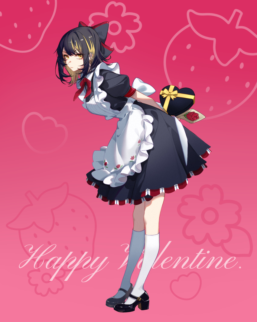 1girl alternate_costume apron black_dress black_footwear black_hair blonde_hair bow box breasts dress enmaided flower food_print full_body gift gift_box hair_bow happy_valentine heart-shaped_box highres idolmaster idolmaster_shiny_colors ikaruga_luca kneehighs leaning_forward looking_at_viewer looking_to_the_side maid maid_apron mary_janes medium_breasts multicolored_hair neck_ribbon pink_background puffy_short_sleeves puffy_sleeves red_flower red_rose ribbon rose shoes short_sleeves socks solo strawberry_print streaked_hair white_apron white_socks yamakan_hoshino